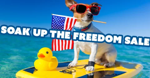 A dog on a boogie board holding an American Flag in it's mouth with text overall that reads "Soak Up the Freedom Sale"