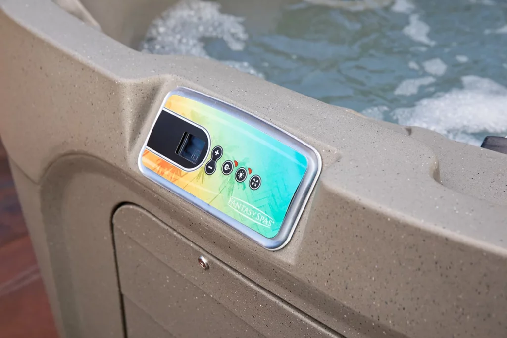 A close up image of a Fantasy Spas hot tub control panel