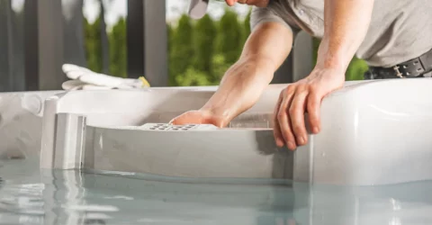 A professional hot tub technician helping with hot tub maintenance or repair