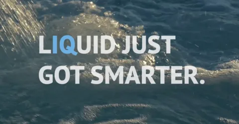 Clean and clear hot tub water with text overlay that reads, "LIQUID JUST GOT SMARTER Introducing FreshWater IQ, the most intelligent salt water system on the planet."