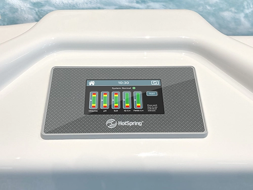 Freshwater IQ: Chlorine, pH, and Salt levels displayed on a Hot Tub control panel.