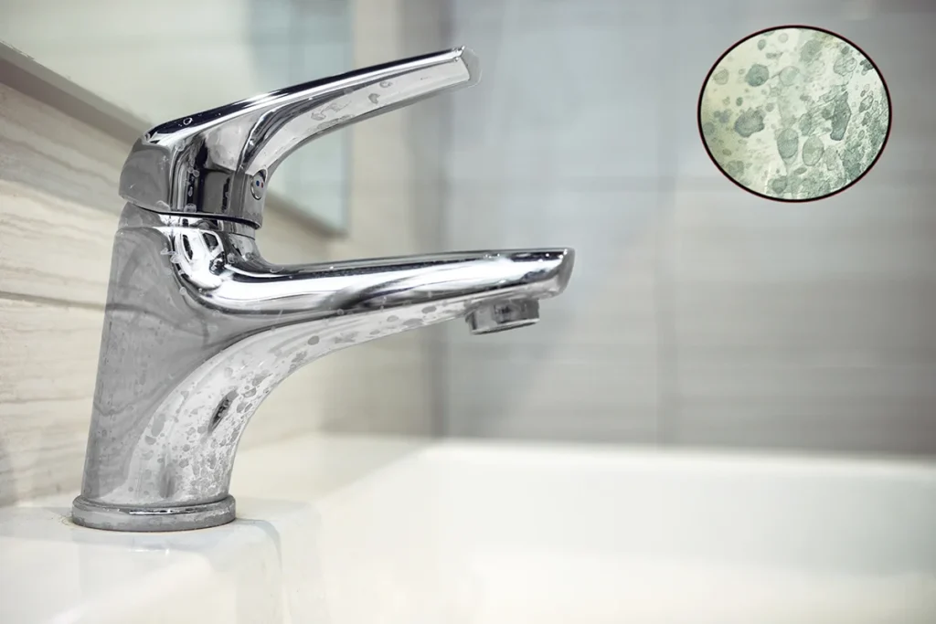 A close up of a sink faucet with hard water and limescale build-up