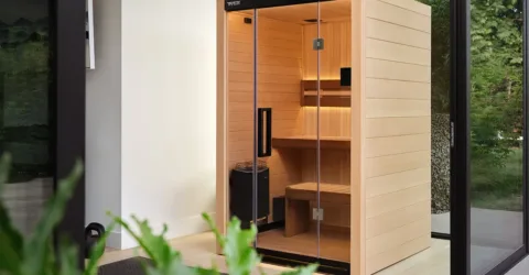 An indoor wooden infrared sauna, in a bright room with indoor plants