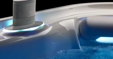 A wireless bluetooth hot tub speaker up close