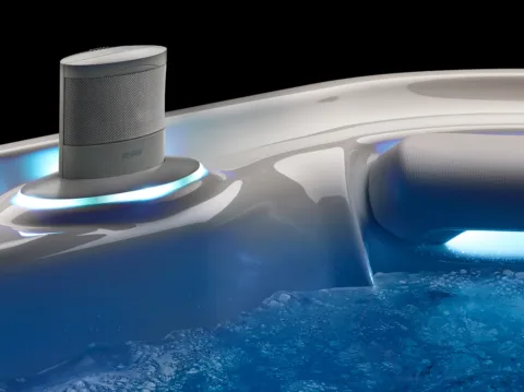 A wireless bluetooth hot tub speaker up close